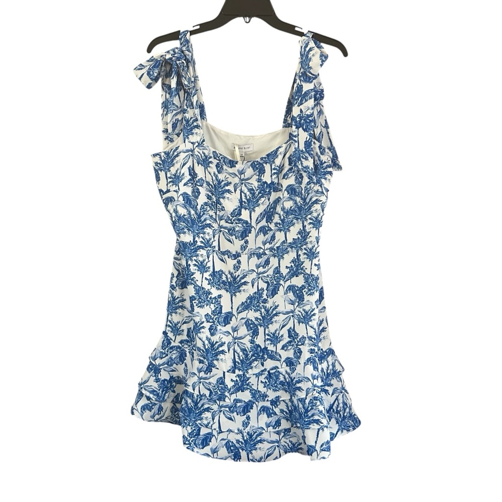 New Gianni Bini Sophia Mini Ruffle Dress Blue Floral Size 12 Bows Ruffle